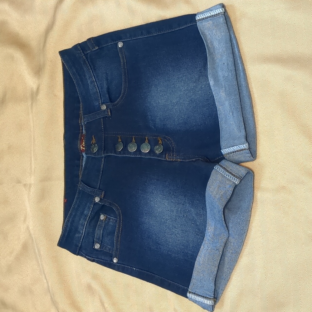 Button fly dark denim stretch shorts